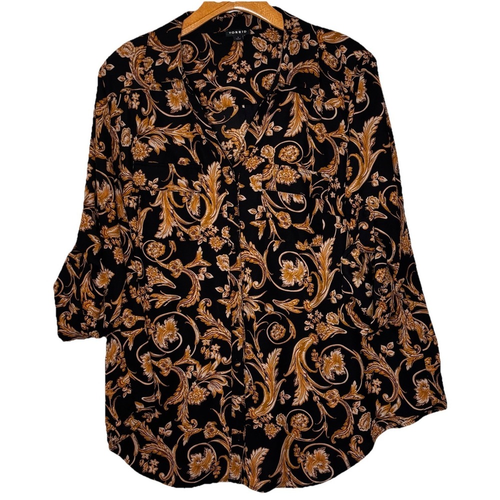 Torrid Blouse 1X Georgette Button Up Black Gold Tab Sleeve Classic Career Office